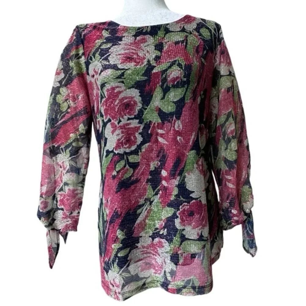 Y2K Metallic Floral Tunic Shirt Pullover QVC Loose Fitting Romantic